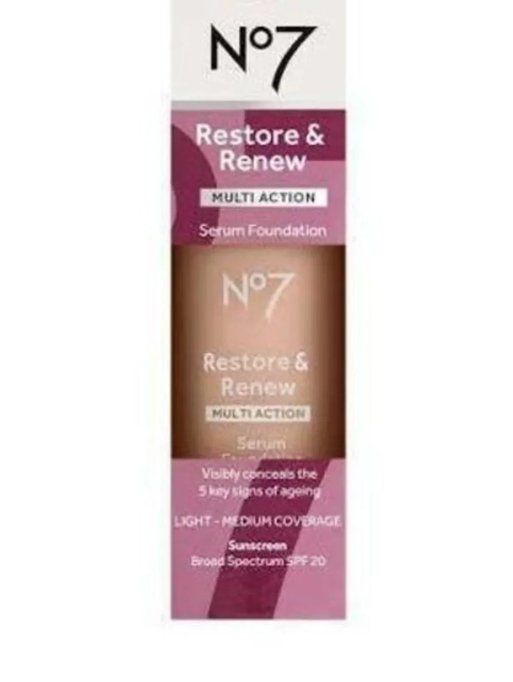 new in box No7 restore & renew Multi Action Serum Foundation, Warm Ivory